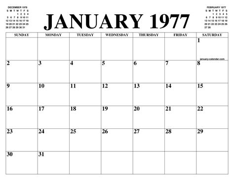 January 1977 Calendar